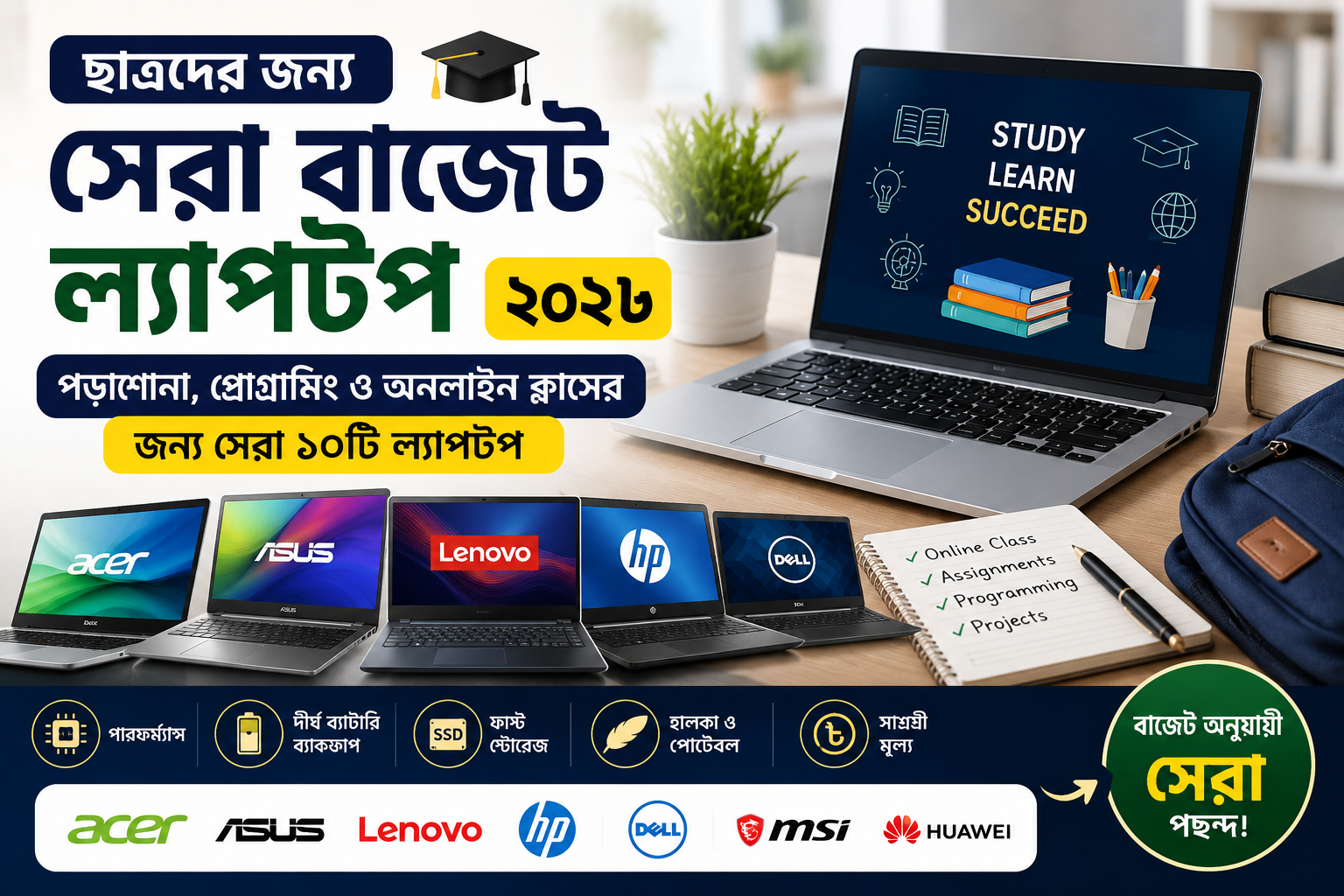ছাত্রদের জন্য সেরা বাজেট ল্যাপটপ ২০২৬: পড়াশোনা, প্রোগ্রামিং ও অনলাইন ক্লাসের জন্য সেরা ১০টি ল্যাপটপ